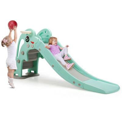 3-in-1 Kids Climber Slide Play Set with Basketball Hoop and Ball-Green - Relaxacare