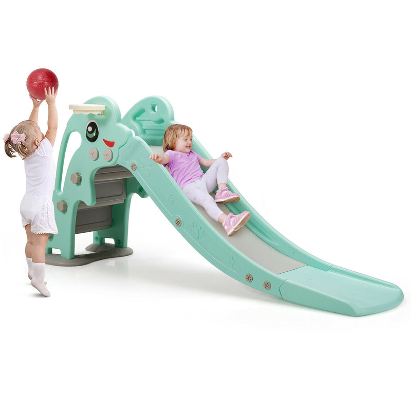 3-in-1 Kids Climber Slide Play Set with Basketball Hoop and Ball-Green - Relaxacare