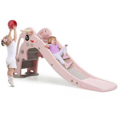 3-in-1 Kids Climber Slide Play Set with Basketball Hoop and Ball-Pink - Relaxacare