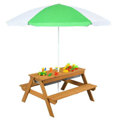 3-in-1 Kids Outdoor Picnic Water Sand Table with Umbrella Play Boxes-Green - Relaxacare