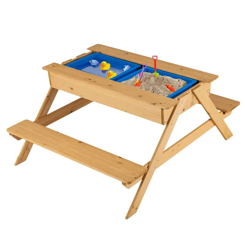3-in-1 Kids Picnic Table Wooden Outdoor Water Sand Table with Play Boxes - Relaxacare