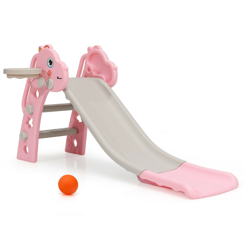 3-in-1 Kids Slide Baby Play Climber Slide Set with Basketball Hoop-Pink - Relaxacare