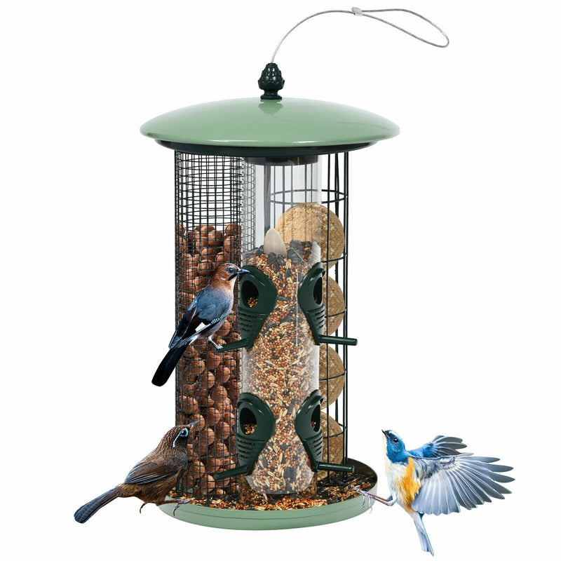 3 in 1 Metal Hanging Wild Bird Feeder Outdoor with 4 Feeding Ports and Perches - Relaxacare