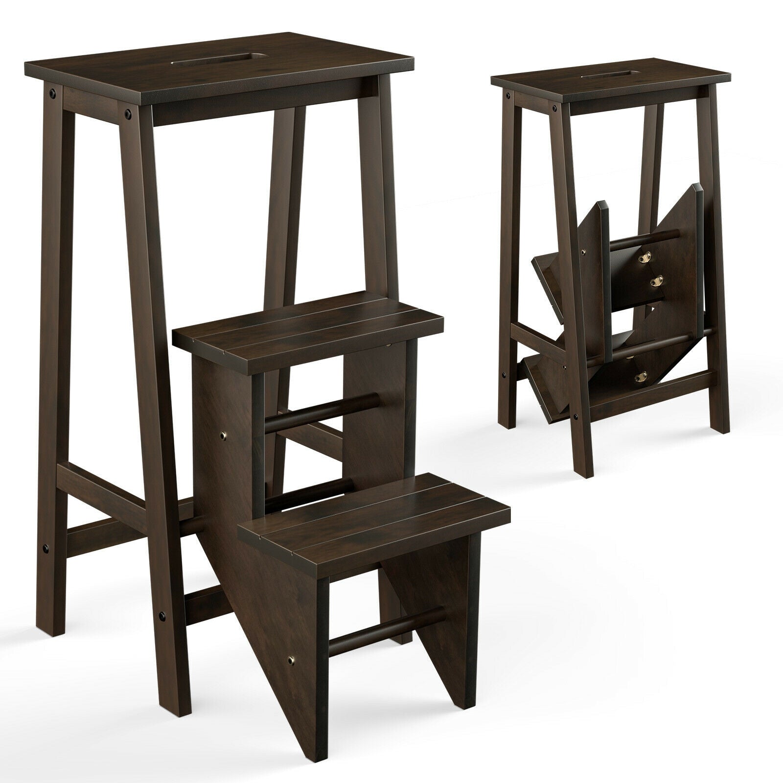 3-in-1 Rubber Wood 3 Tier Folding Step Stool Ladder Storage Shelf