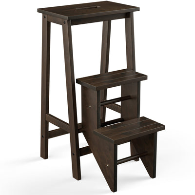 3-in-1 Rubber Wood 3 Tier Folding Step Stool Ladder Storage Shelf-Dark Brown - Relaxacare