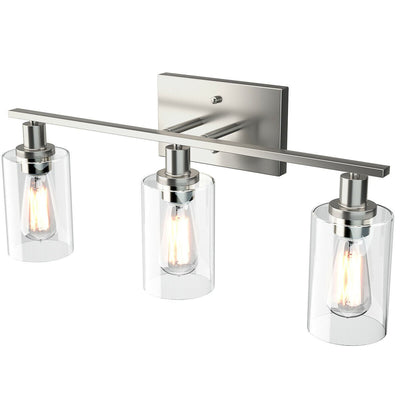 3-Light Modern Bathroom Wall Sconce with Clear Glass Shade-Silver - Relaxacare