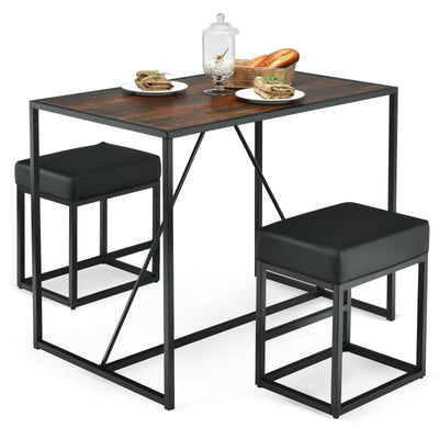 3 Pcs Dining Set Metal Frame Kitchen Table and 2 Stools-Brown - Relaxacare