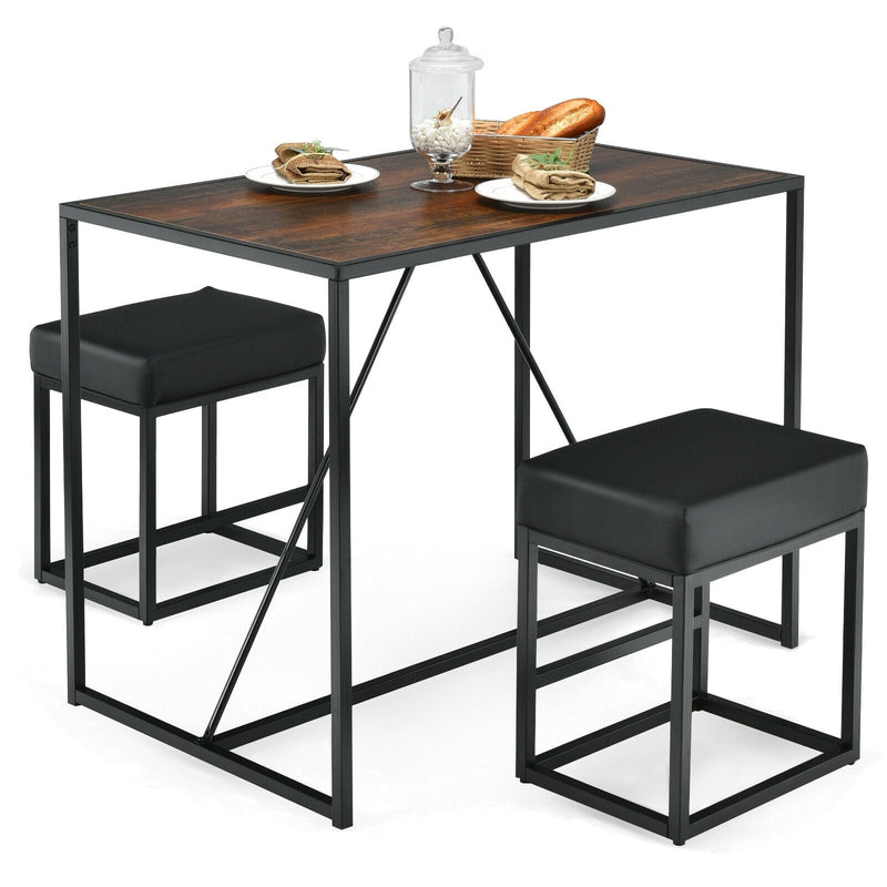 3 Pcs Dining Set Metal Frame Kitchen Table and 2 Stools-Brown - Relaxacare