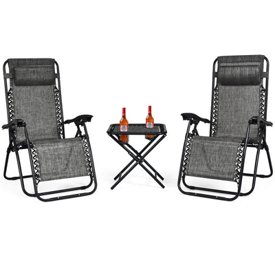 3 Pcs Folding Portable Zero Gravity Reclining Lounge Chairs Table-Gray - Relaxacare