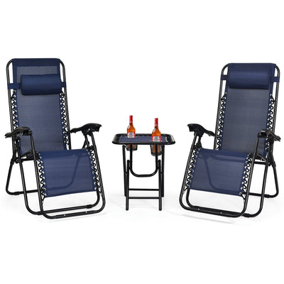 3 Pcs Folding Portable Zero Gravity Reclining Lounge Chairs Table-Navy - Relaxacare