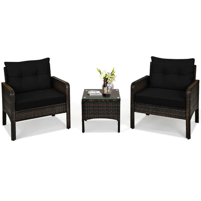 3 Pcs Outdoor Patio Rattan Conversation Set with Seat Cushions-Black - Relaxacare