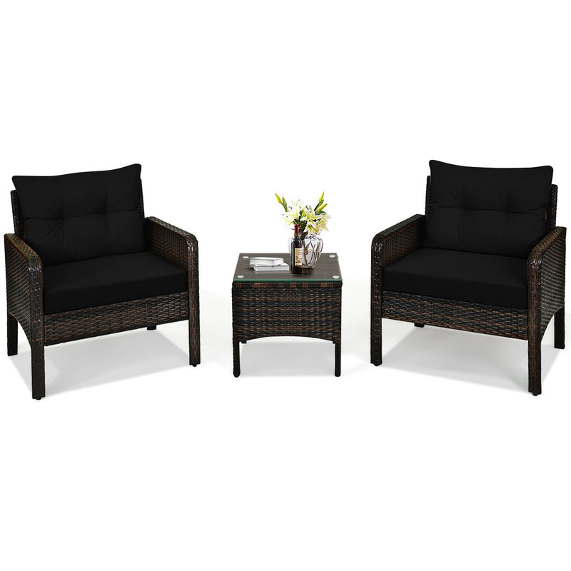 3 Pcs Outdoor Patio Rattan Conversation Set with Seat Cushions-Black - Relaxacare