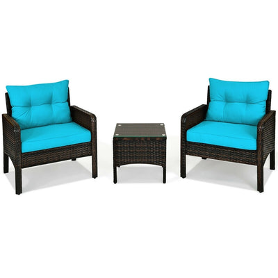 3 Pcs Outdoor Patio Rattan Conversation Set with Seat Cushions-Turquoise - Relaxacare