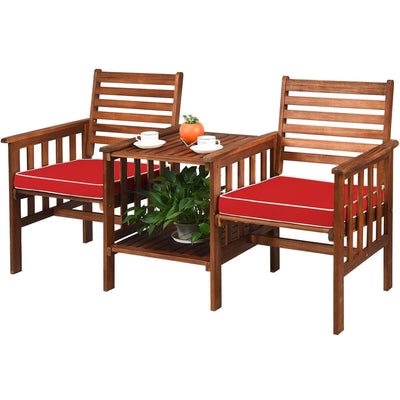 3 pcs Outdoor Patio Table Chairs Set Acacia Wood Loveseat-Red - Relaxacare