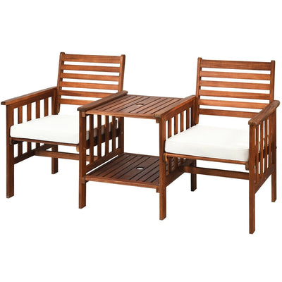 3 pcs Outdoor Patio Table Chairs Set Acacia Wood Loveseat-White - Relaxacare