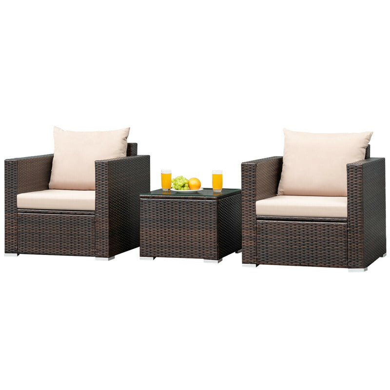 3 Pcs Patio Conversation Rattan Furniture Set with Cushion-Beige - Relaxacare