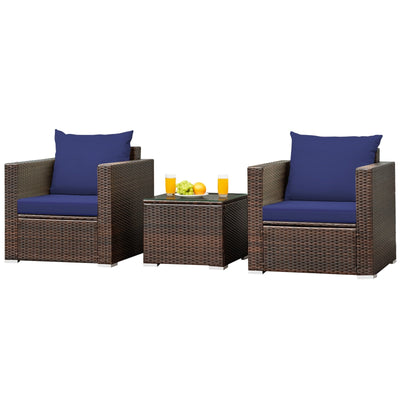 3 Pcs Patio Conversation Rattan Furniture Set with Cushion-Blue - Relaxacare