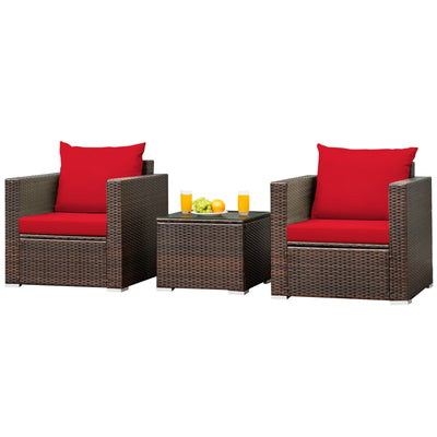 3 Pcs Patio Conversation Rattan Furniture Set with Cushion-Red - Relaxacare