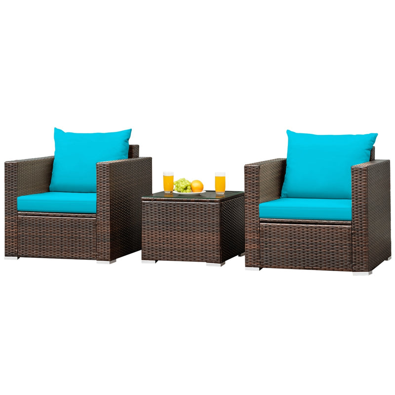 3 Pcs Patio Conversation Rattan Furniture Set with Cushion-Turquoise - Relaxacare