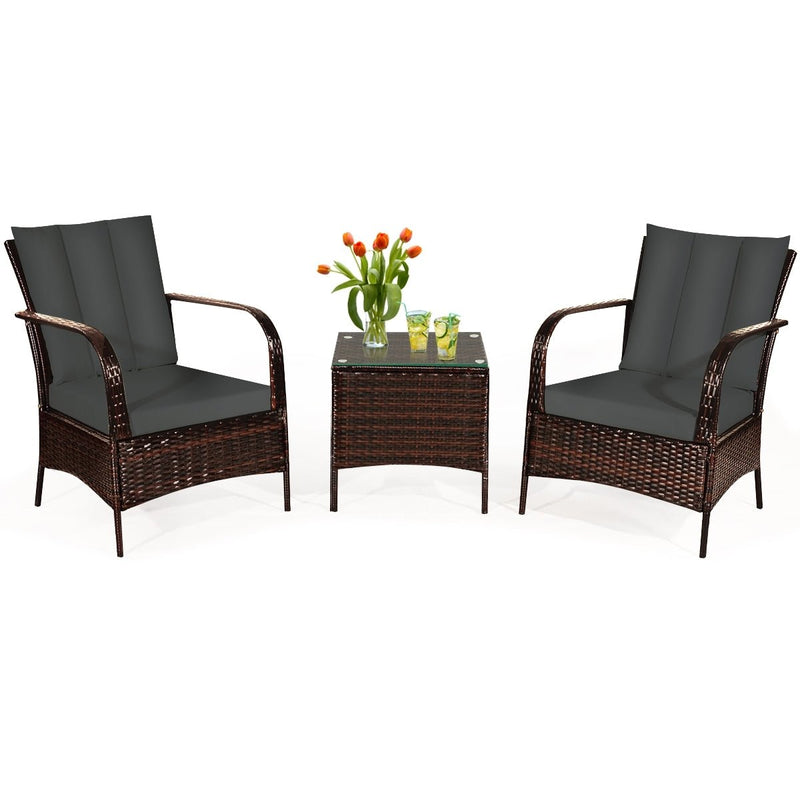 3 Pcs Patio Conversation Rattan Furniture Set with Glass Top Coffee Table and Cushions-Gray - Relaxacare