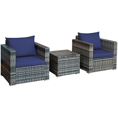 3 Pcs Patio Rattan Furniture Bistro Sofa Set with Cushioned-Navy - Relaxacare