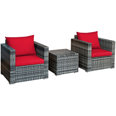 3 Pcs Patio Rattan Furniture Bistro Sofa Set with Cushioned-Red - Relaxacare