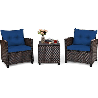 3 Pcs Patio Rattan Furniture Set Cushioned Conversation Set Coffee Table-Navy - Relaxacare