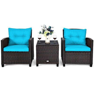 3 Pcs Patio Rattan Furniture Set Cushioned Conversation Set Coffee Table-Turquoise - Relaxacare