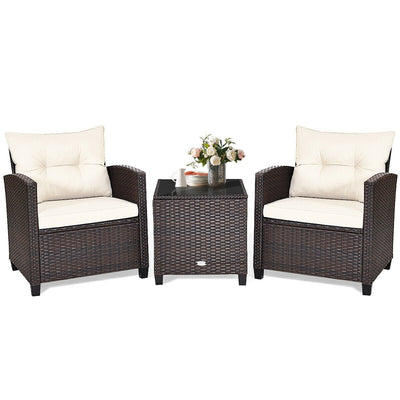3 Pcs Patio Rattan Furniture Set Cushioned Conversation Set Coffee Table-White - Relaxacare