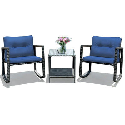 3 Pcs Patio Rattan Set Rocking Chair Cushioned Sofa Garden Furniture-Navy - Relaxacare