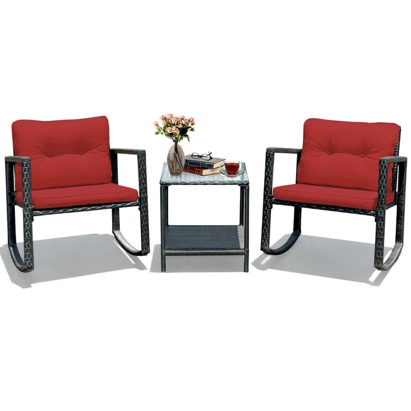 3 Pcs Wicker Rocking Bistro Set with Glass Coffee Table and Storage Shelf-Red - Relaxacare