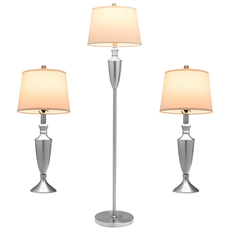 3 Piece Lamp with Set Modern Floor Lamp and 2 Table Lamps-Silver - Relaxacare