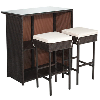 3-piece Rattan Wicker Bar Table Stools Dining Set Cushioned Chairs - Relaxacare