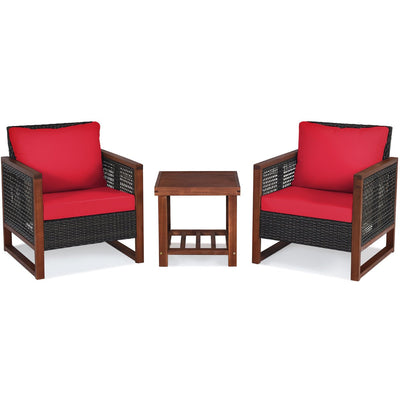 3 Pieces Acacia Wood Patio Furniture Set with Coffee Table-Red - Relaxacare