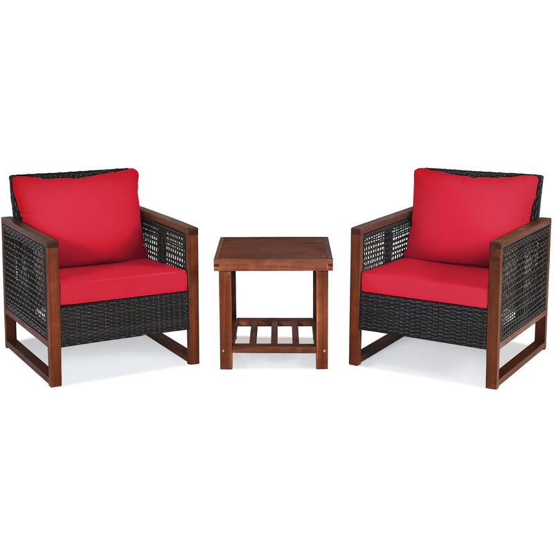 3 Pieces Acacia Wood Patio Furniture Set with Coffee Table-Red - Relaxacare