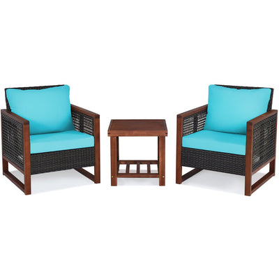 3 Pieces Acacia Wood Patio Furniture Set with Coffee Table-Turquoise - Relaxacare