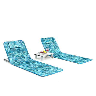 3 Pieces Beach Lounge Chair Mat Set 2 Adjustable Lounge Chairs with Table Stripe-Green - Relaxacare