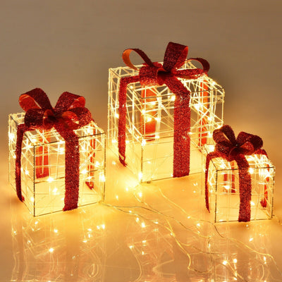 3 Pieces Christmas Lighted Gift Boxes Decorations with 60 LED Lights for Indoor and Outdoor - Relaxacare