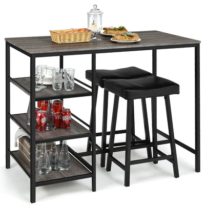 3 Pieces Counter Height Dining Bar Table Set with 2 Stools and 3 Storage Shelves-Gray - Relaxacare