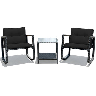 3 Pieces Cushioned Patio Rattan Set with Rocking Chair and Table-Black - Relaxacare
