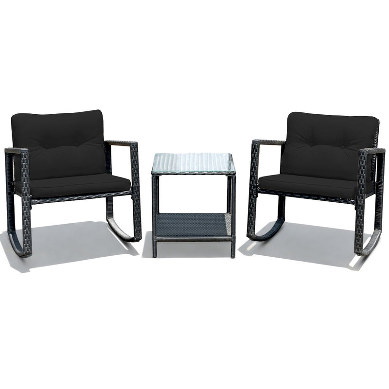 3 Pieces Cushioned Patio Rattan Set with Rocking Chair and Table-Black - Relaxacare