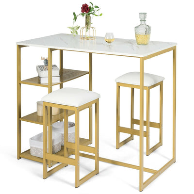3 Pieces Dining Set with Rectangular Faux Marble and 3 Metal Storage Shelves - Relaxacare