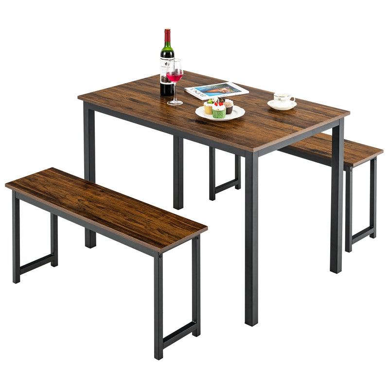3 Pieces Dining Table Set with 2 Benches for Dining Room Kitchen Bar - Relaxacare