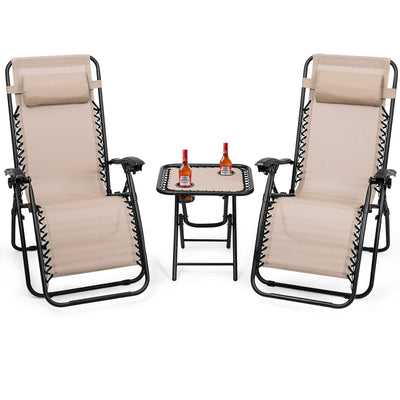 3 Pieces Folding Portable Zero Gravity Reclining Lounge Chairs Table Set-Beige - Relaxacare