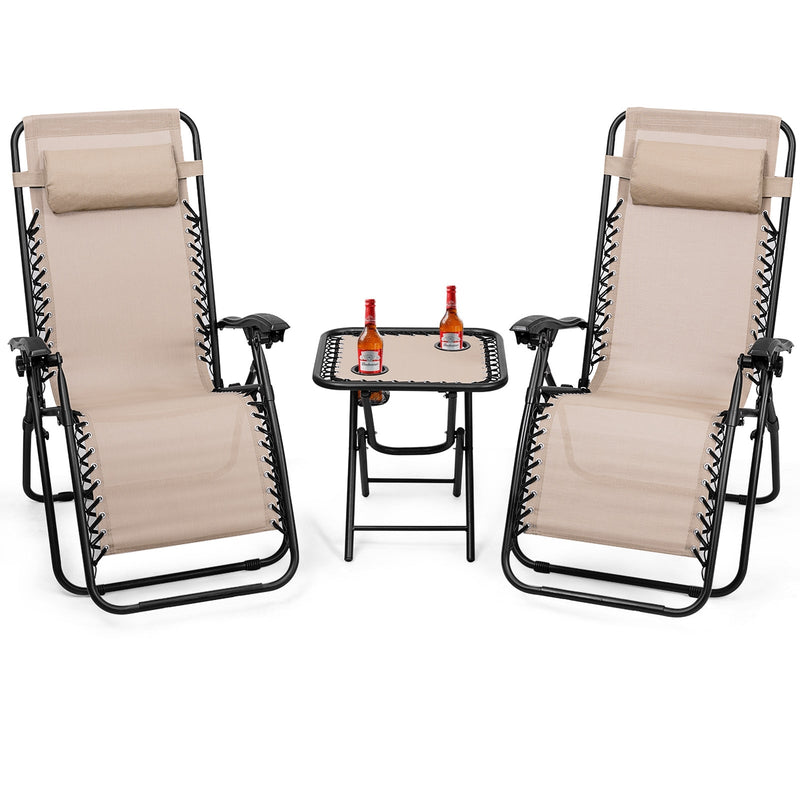 3 Pieces Folding Portable Zero Gravity Reclining Lounge Chairs Table Set-Beige - Relaxacare