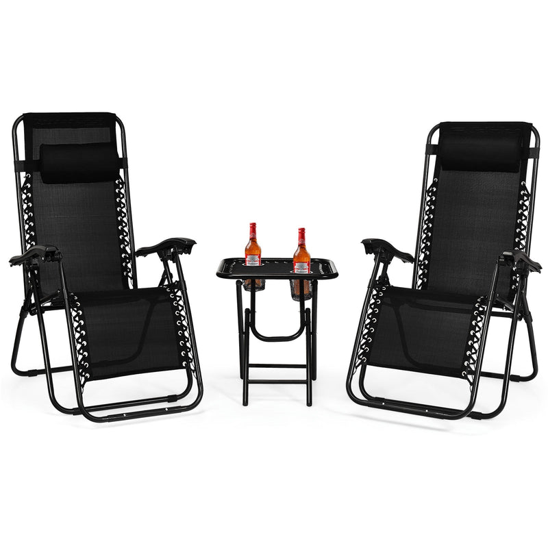 3 Pieces Folding Portable Zero Gravity Reclining Lounge Chairs Table Set-Black - Relaxacare