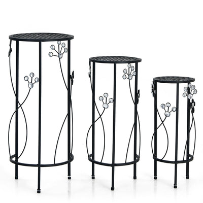3 Pieces Metal Plant Stand Set with Crystal Floral Accents Round-Black - Relaxacare