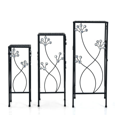 3 Pieces Metal Plant Stand Set with Crystal Floral Accents Square - Relaxacare