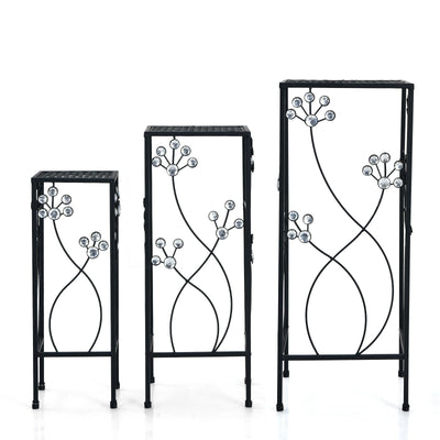 3 Pieces Metal Plant Stand Set with Crystal Floral Accents Square-Black - Relaxacare