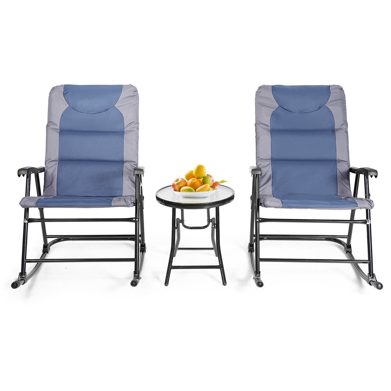 3 Pieces Outdoor Folding Rocking Chair Table Set with Cushion-Blue - Relaxacare